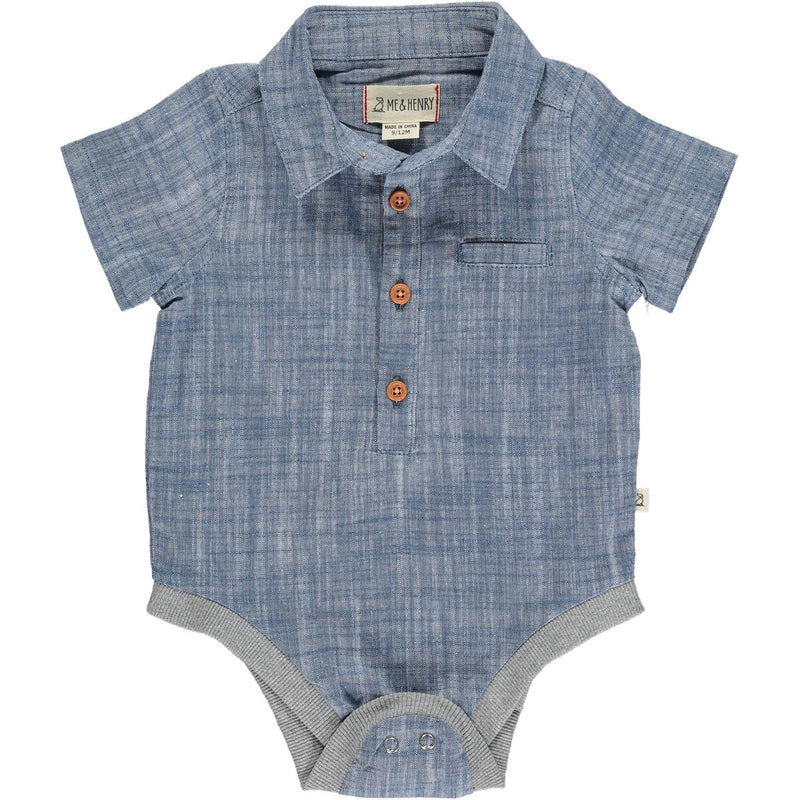 Helford Short Sleeve Button Down Bodysuit - Blue Heathered by Me & Henry FINAL SALE