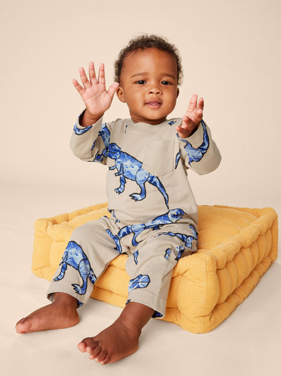 Long Sleeve Pocket Baby Romper - T-Rex in Marble by Tea Collection