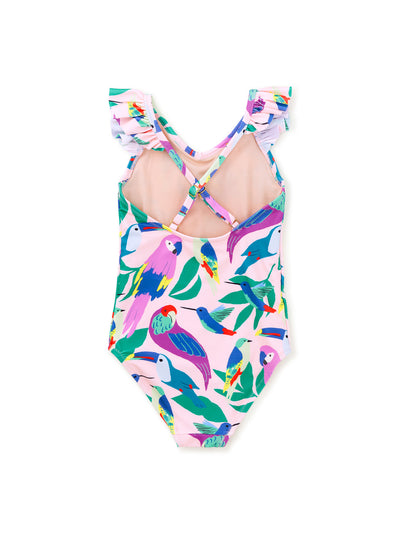 Ruffle One-Piece Swimsuit -Tropical Bird Flock in Pink by Tea Collection FINAL SALE