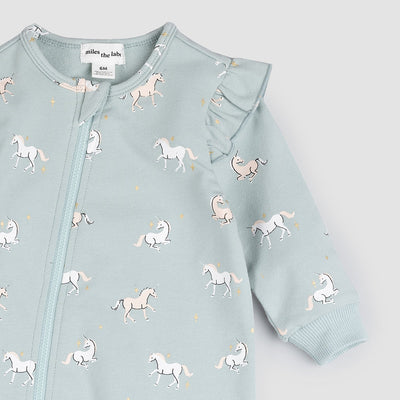 Baby Girls' Zipsuit - Unicorn Print on Cloud Blue by miles the label.