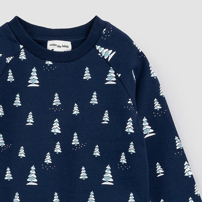 Terry Sweatshirt - Snowy Pine Print on Dress Blue by miles the label.