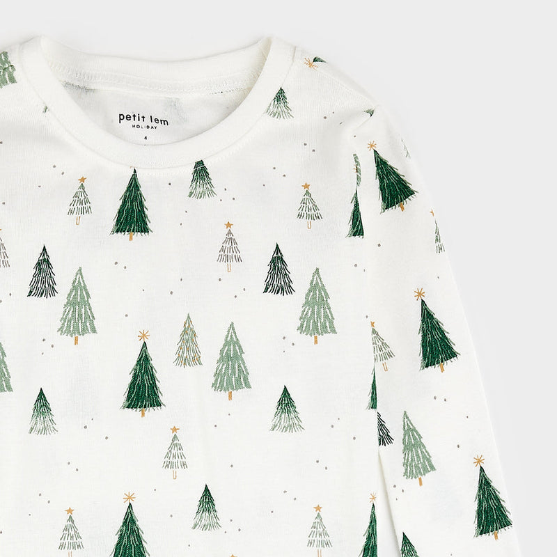 Christmas Tree Print on Off-White PJ Set by Petit Lem