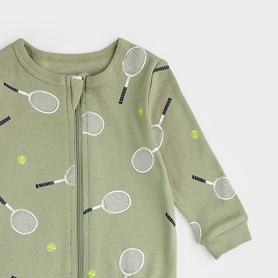 Footed Sleeper - Tennis Print on Lawn Green by Petit Lem