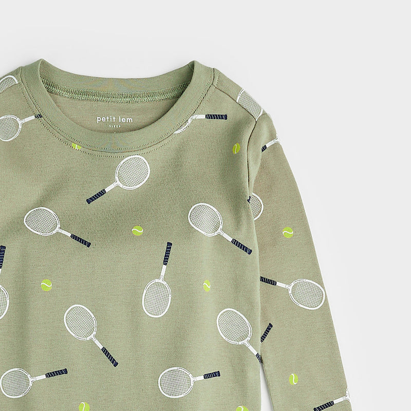 Pajama Set - Tennis Print on Lawn Green by Petit Lem