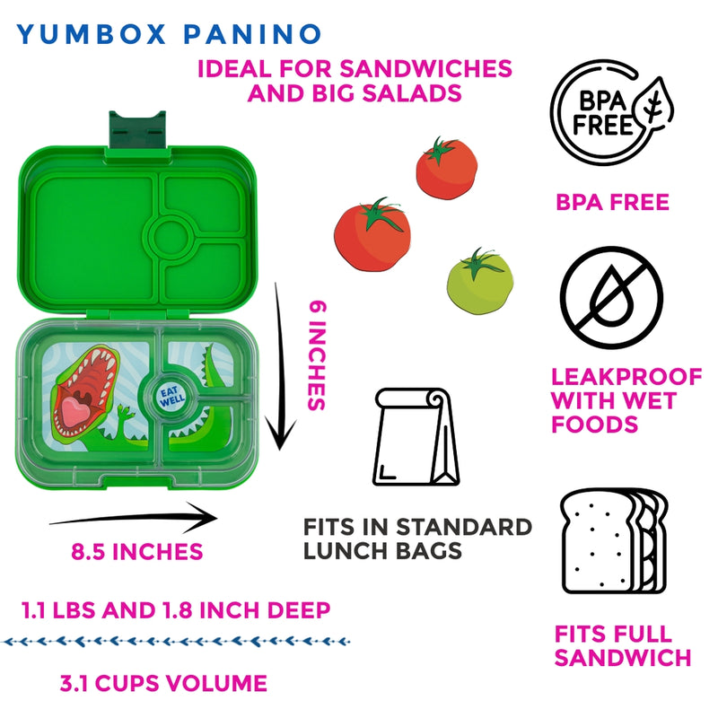 Leakproof Sandwich Friendly Bento Box - 4 Compartment - Jurassic Green - Dino by YumBox