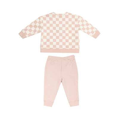 French Terry Daisy Patch Sweatshirt and Jogger Set - Pink Checkerboard by Angel Dear