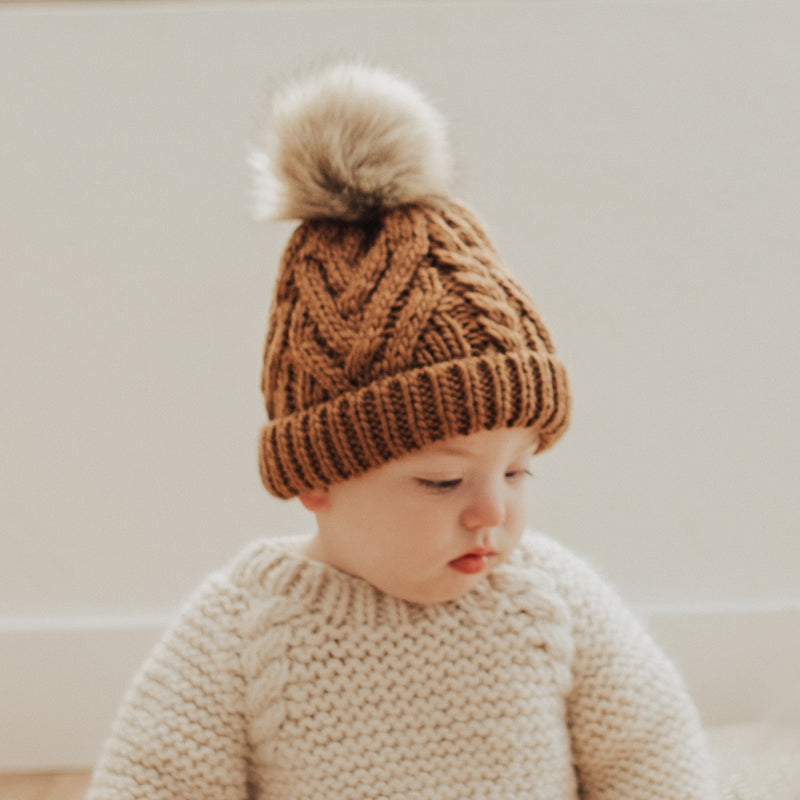 Pop Pom Knit Hat - Pecan by Huggalugs