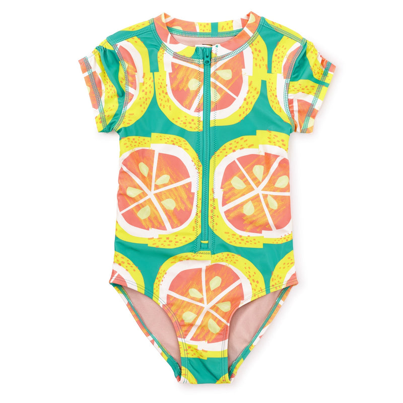 Rash Guard One-Piece Swimsuit - Orange Wax Print by Tea Collection FINAL SALE