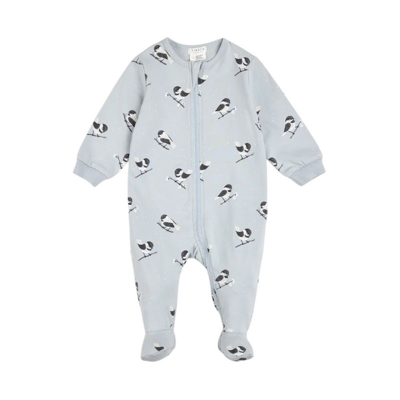 Chickadee Print on Pearl Blue Sleeper by Petit Lem