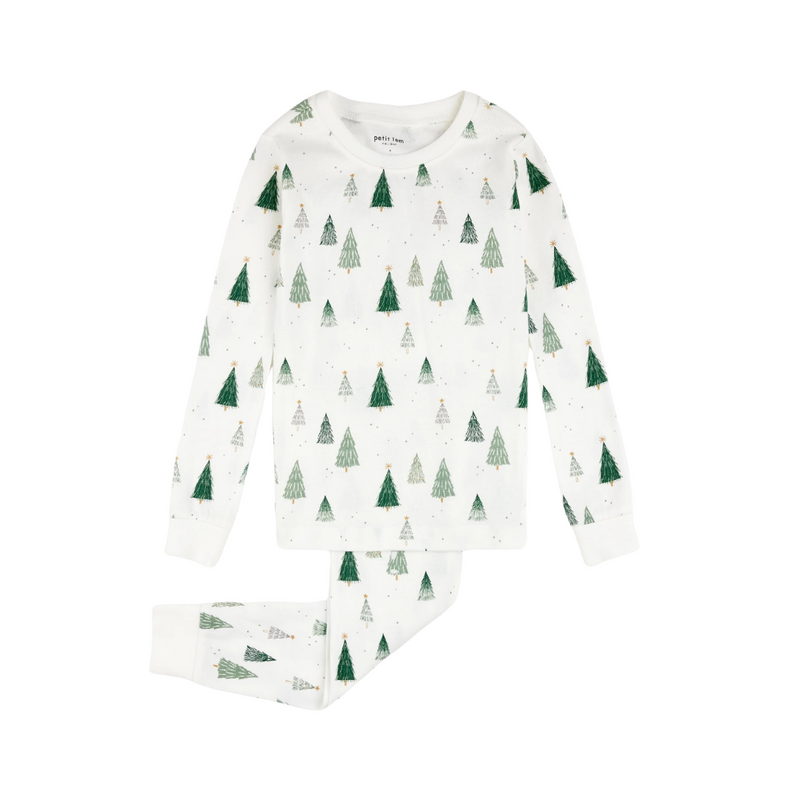 Christmas Tree Print on Off-White PJ Set by Petit Lem