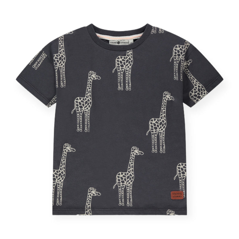 Giraffe Print Short Sleeve Tee - Dark Grey by Stains & Stories