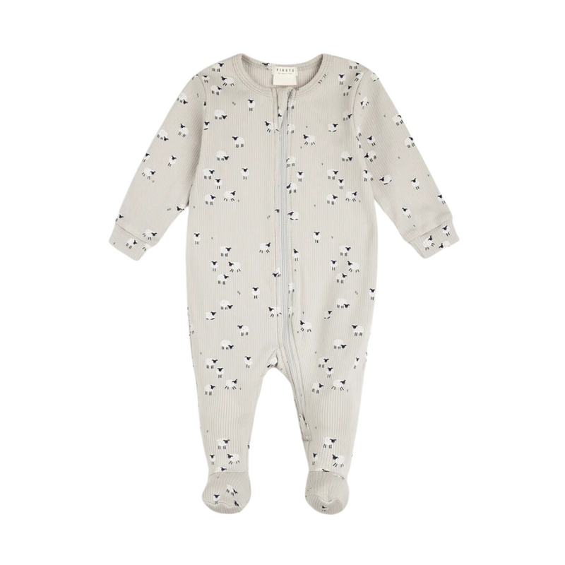 Fluffy Sheep Print on Lunar Rock Ribbed Sleeper by Petit Lem