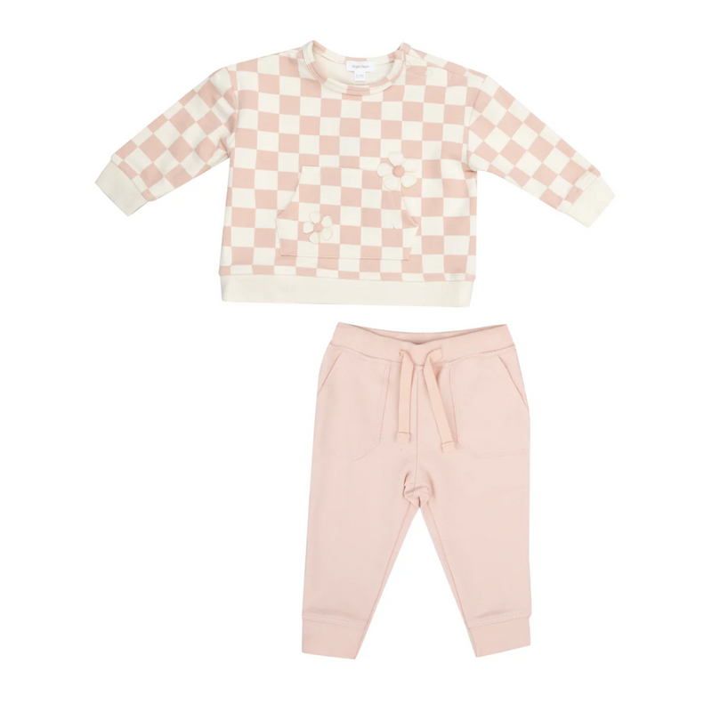 French Terry Daisy Patch Sweatshirt and Jogger Set - Pink Checkerboard by Angel Dear