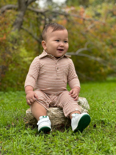 Kingston Polo Romper - Pumpkin/Beige Double Stripe by Me & Henry