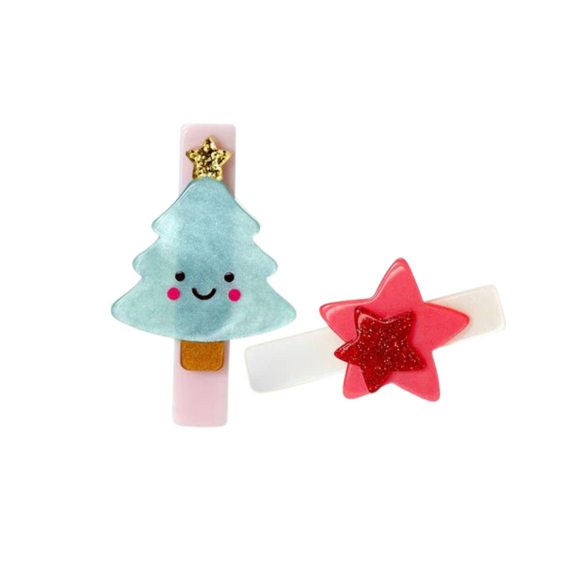 Happy Tree and Red Star Hair Clips by Lilies & Roses NY