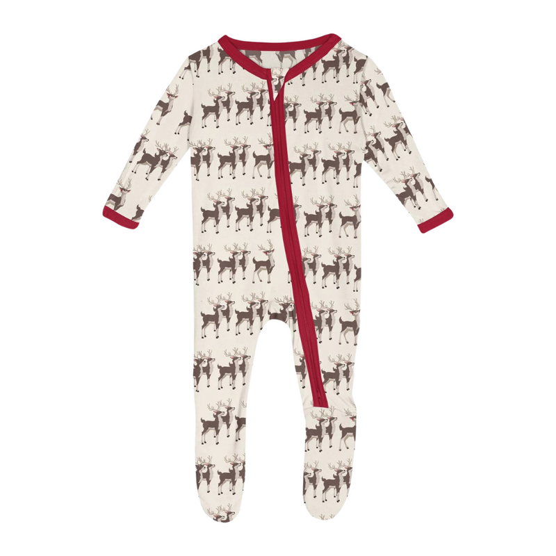 Print Footie with 2 Way Zipper - Natural Rudolph by Kickee Pants