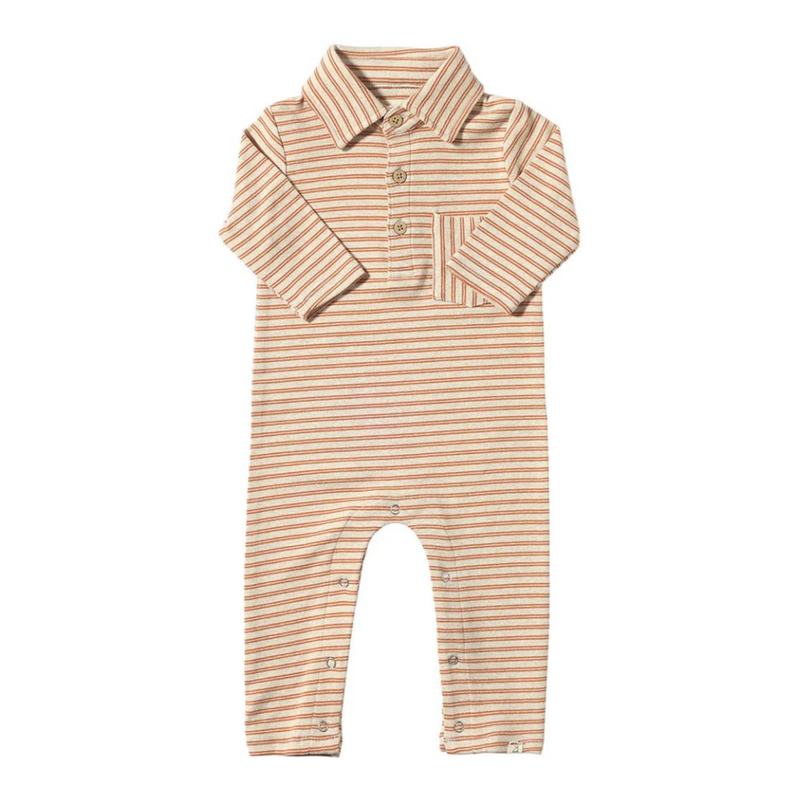 Kingston Polo Romper - Pumpkin/Beige Double Stripe by Me & Henry