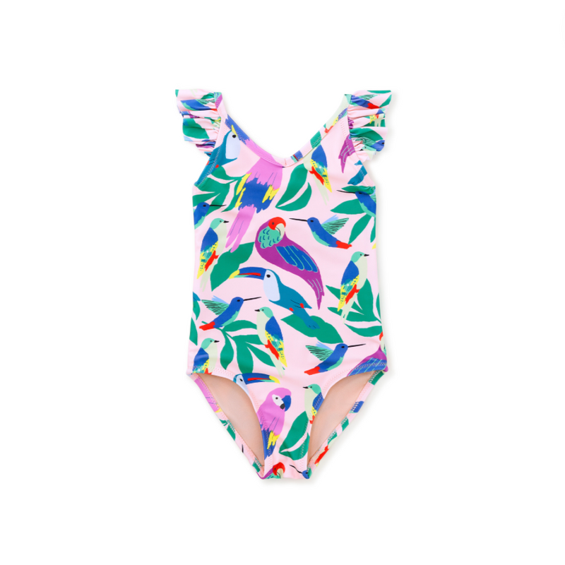 Ruffle One-Piece Swimsuit -Tropical Bird Flock in Pink by Tea Collection FINAL SALE