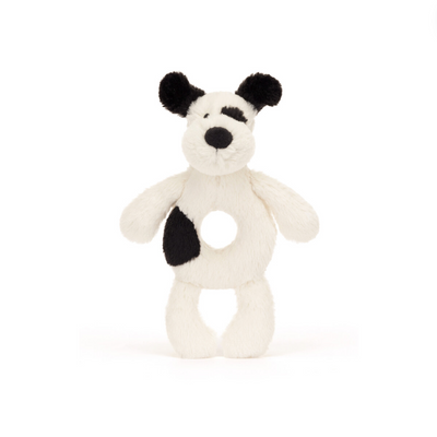 Bashful Black & Cream Puppy Ring Rattle - 8 Inch by Jellycat