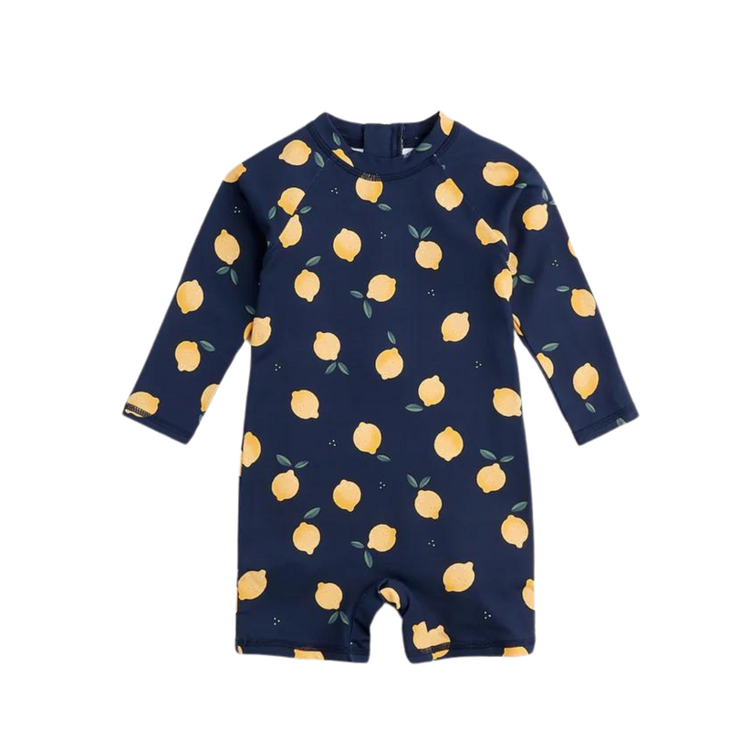 Long Sleeve Swim Romper - Lemon Print On Navy by Petit Lem - FINAL SALE