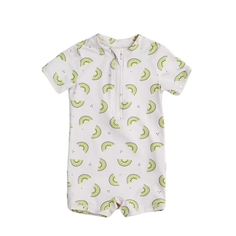 Short Sleeve Swim Romper - Kiwi Print On Crème by Petit Lem - FINAL SALE