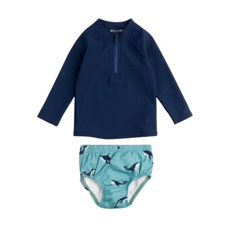 Ribbed Long-Sleeve Navy Rashguard Set With Whale Print Swim Diaper by Petit Lem - FINAL SALE