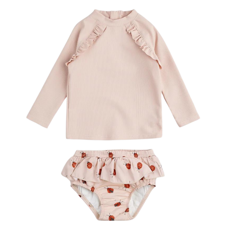 Ribbed Rose Rashguard Set With Lady Bug Swim Diaper by Petit Lem - FINAL SALE