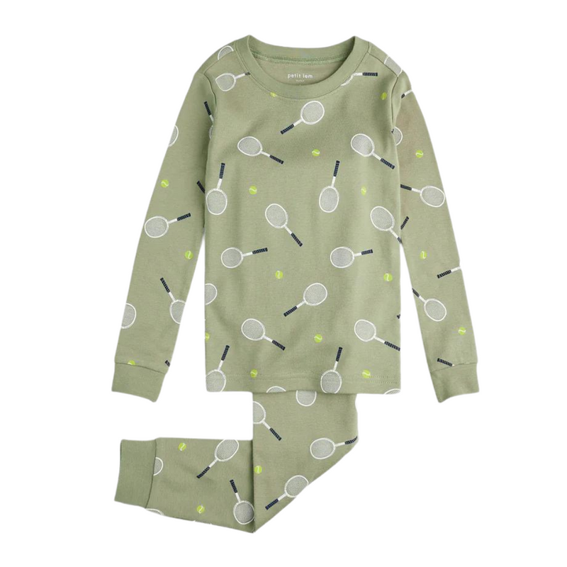 Pajama Set - Tennis Print on Lawn Green by Petit Lem