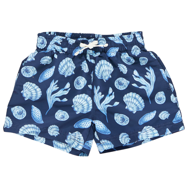 Boys Swim Trunk - Blue Sea Shells by Pink Chicken FINAL SALE