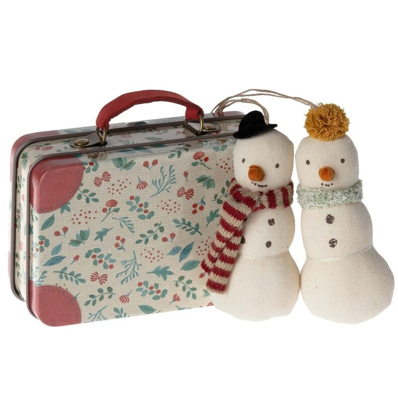 Snowman Ornaments, 2 pieces in Metal Suitcase by Maileg