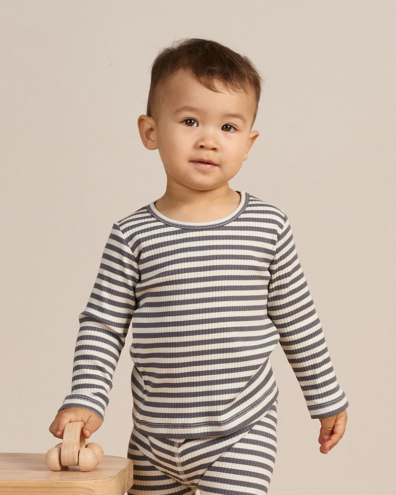 Ribbed Tee + Legging Set - Indigo Stripe by Quincy Mae