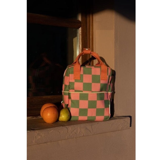 Small Farmhouse Checkerboard Backpack - Sprout Green + Flower Pink by Sticky Lemon