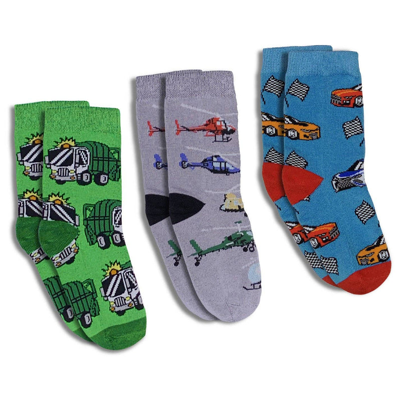 Trucks, Helicopters and Race Cars Kids Socks - 3 Pack by Good Luck Sock