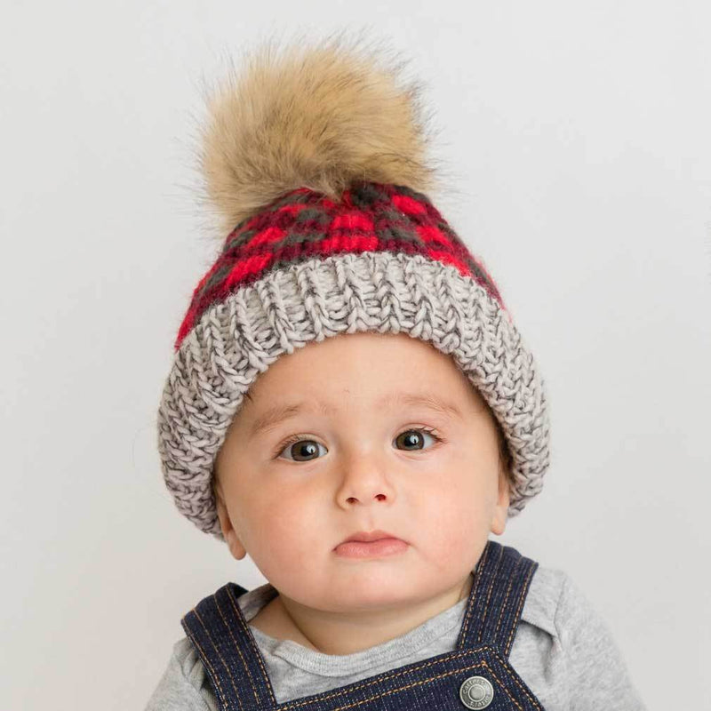 Buffalo Check Knit Hat - Red by Huggalugs Accessories Huggalugs   