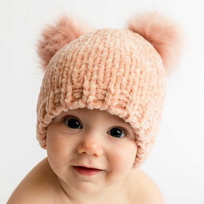 Chenille Double Pom Beanie Hat - Champagne by Huggalugs Accessories Huggalugs   