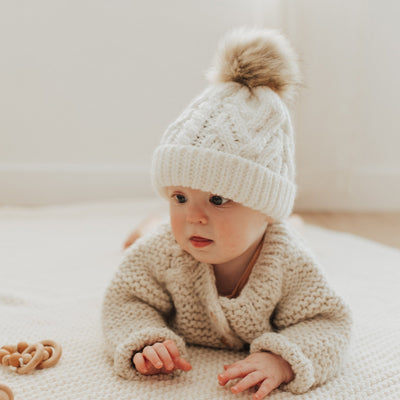 Pop Pom Pom Knit Hat - Winter White by Huggalugs Accessories Huggalugs   